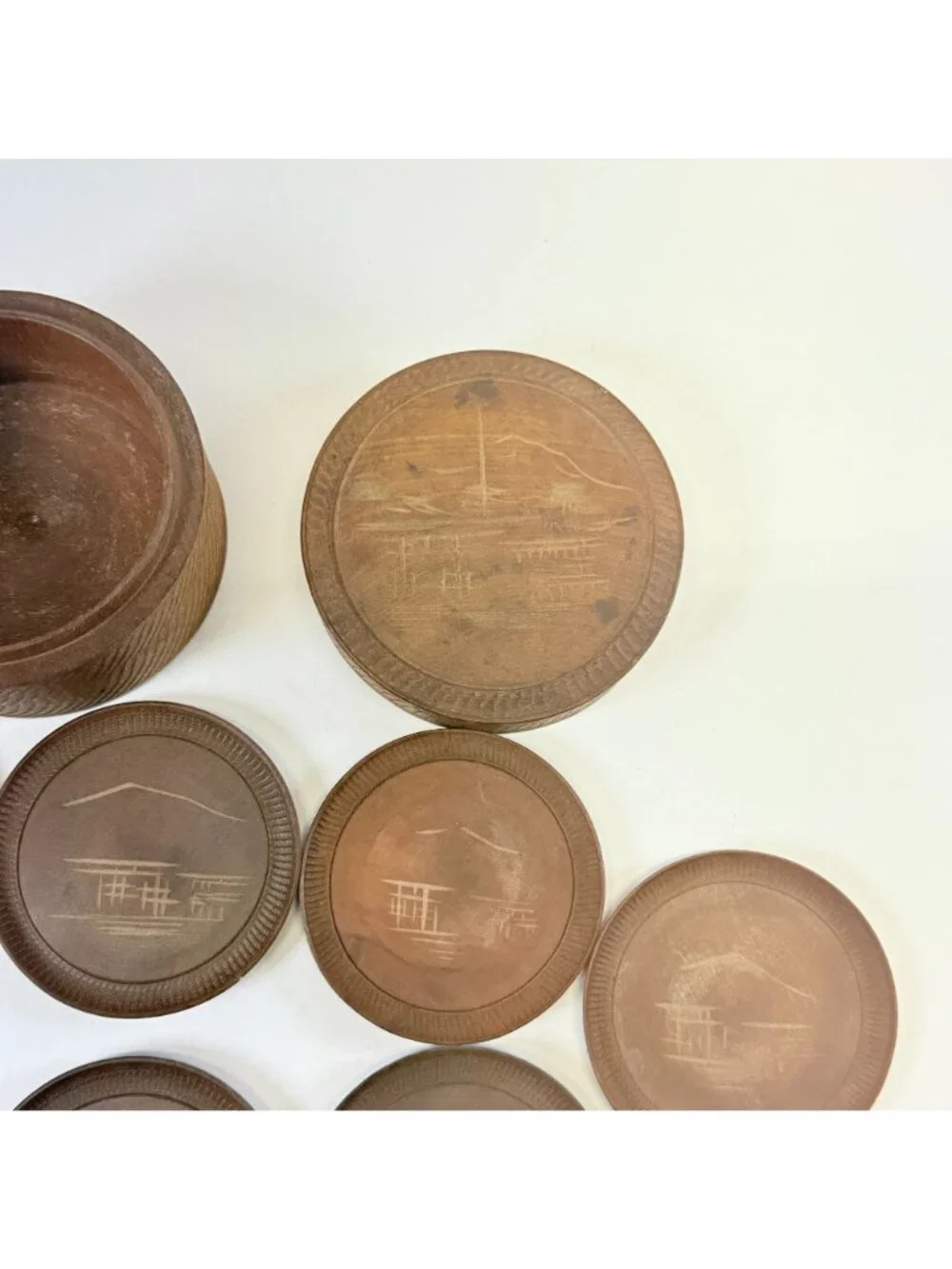 Vintage Japan Miyajima Satsuma Etched Wood Coasters Set Of 7 W/ Lidded Storage B